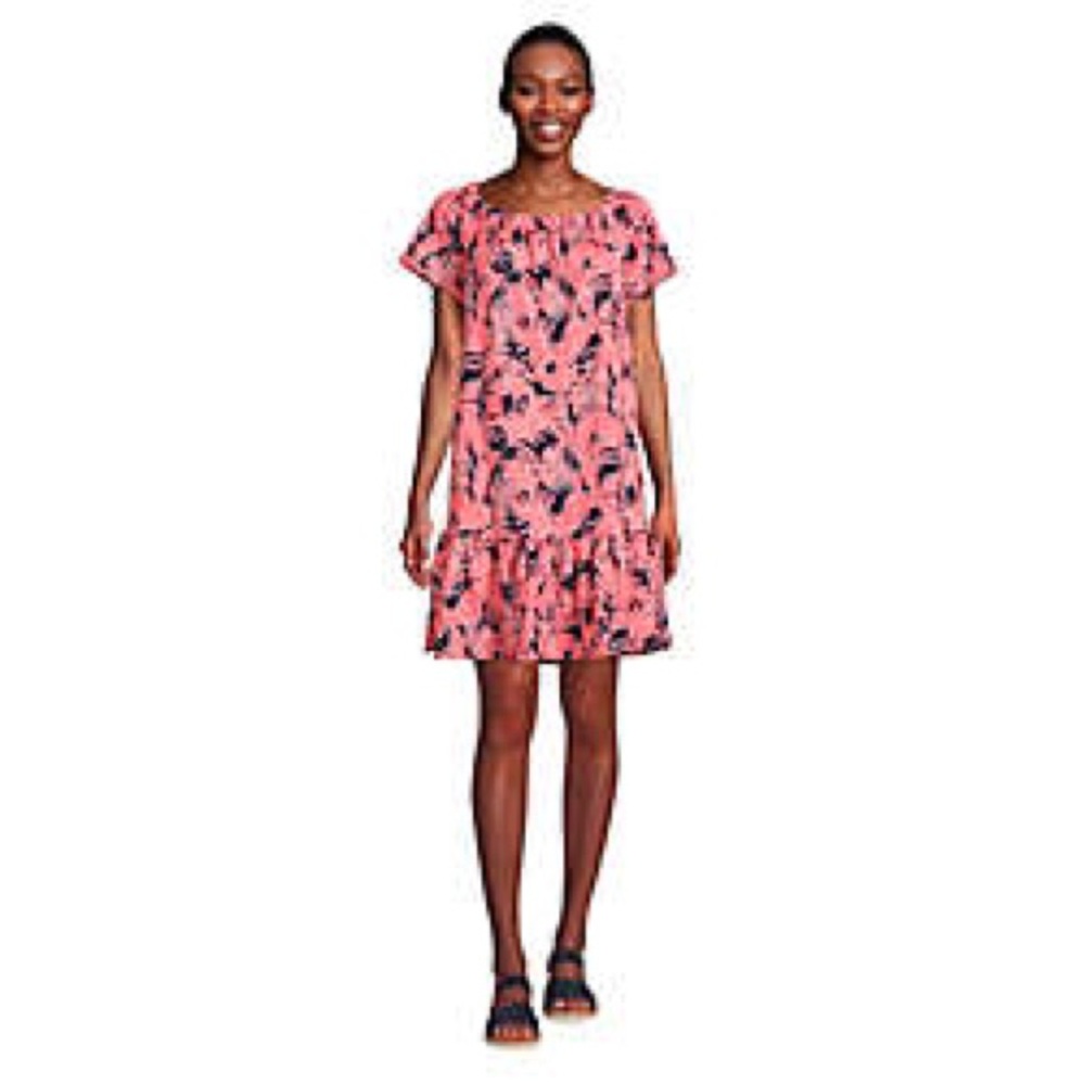LANDS END Cotton Jersey Off the Shoulder Ruffle Hem Swim Cover-up Dress NWOT